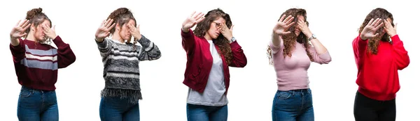 Collage Von Jungen Brünetten Mädchen Mit Lockigem Haar Vor Isoliertem — Stockfoto