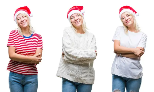 Kolaj Üzerinde Noel Şapka Giyen Güzel Sarışın Kadın Bir Arka — Stok fotoğraf