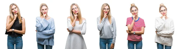 Collage Van Jonge Mooie Blonde Vrouw Geïsoleerde Achtergrond Met Hand — Stockfoto