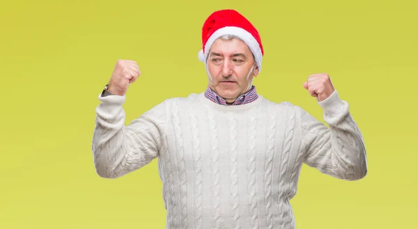 Hombre Mayor Guapo Con Sombrero Navidad Sobre Fondo Aislado Mostrando — Foto de Stock