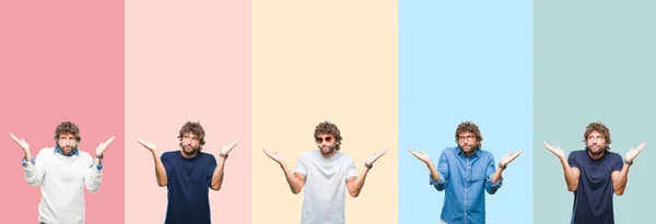Collage Ung Casual Man Över Färgglada Ränder Isolerade Bakgrund Aningslös — Stockfoto