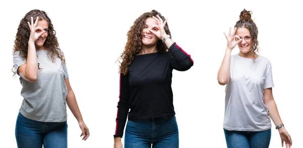 Colagem Jovem Morena Cabelo Encaracolado Menina Sobre Fundo Isolado Fazendo — Fotografia de Stock