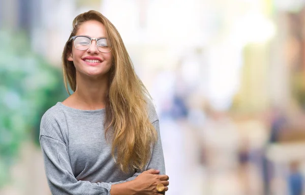 Jovem Mulher Loira Bonita Usando Óculos Sobre Fundo Isolado Rosto — Fotografia de Stock