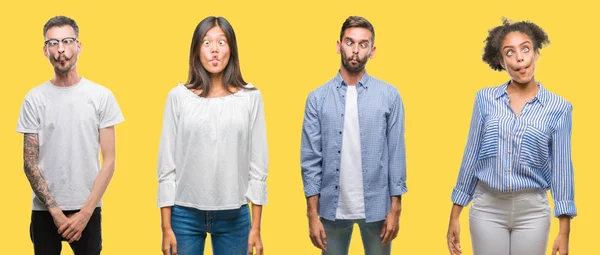 Collage Personas Del Grupo Mujeres Hombres Sobre Fondo Aislado Amarillo — Foto de Stock