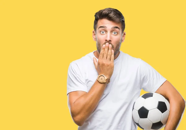 Jovem Homem Bonito Segurando Bola Futebol Sobre Fundo Isolado Cobrir — Fotografia de Stock