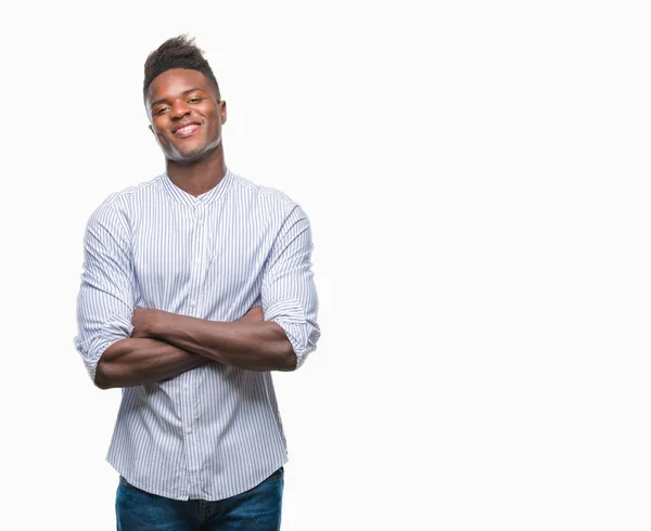 Молодий Афроамериканець Людиною Ізольованих Фон Щасливі Обличчя Посміхається Схрещеними Руками — стокове фото