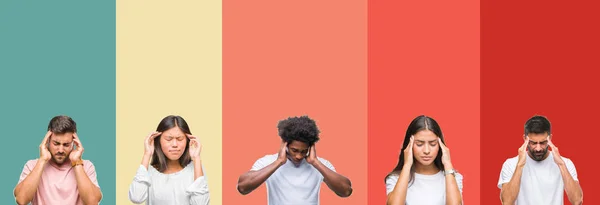 Collage Diferentes Etnias Jóvenes Sobre Rayas Colores Aislados Fondo Con — Foto de Stock