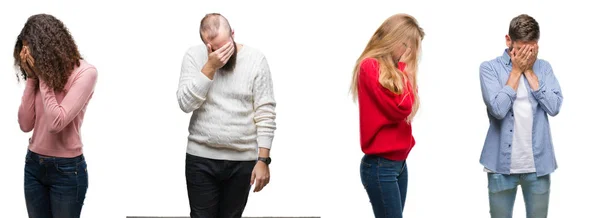 Collage Grupo Jóvenes Sobre Fondo Blanco Aislado Con Expresión Triste — Foto de Stock