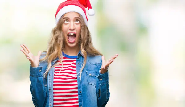 Schöne Junge Blonde Frau Mit Weihnachtsmütze Über Isoliertem Hintergrund Verrückt — Stockfoto