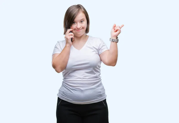 Mujer Adulta Joven Con Síndrome Tomando Uso Teléfono Inteligente Sobre — Foto de Stock