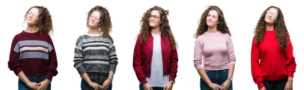 Collage Jeune Fille Brune Cheveux Bouclés Sur Fond Isolé Souriant — Photo