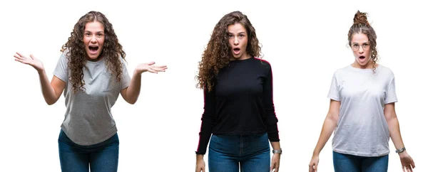 Collage Young Brunette Curly Hair Girl Isolated Background Afraid Shocked — Stock Photo, Image