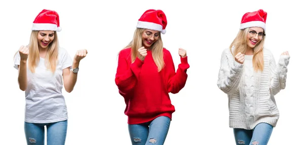 Collage Unga Vackra Blonda Kvinnan Bär Jul Hatt Över Isolerade — Stockfoto