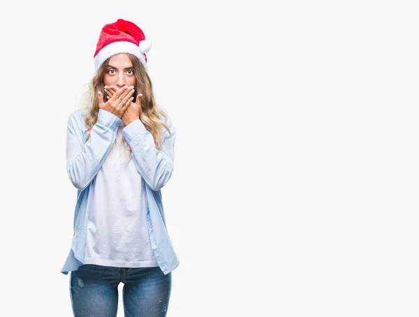 Üzerinde Noel Şapka Giyen Güzel Genç Sarışın Kadın Arka Plan — Stok fotoğraf