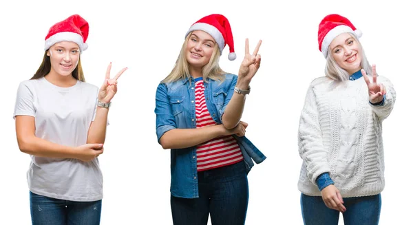 Collage Groupe Jeunes Femmes Portant Chapeau Noël Sur Fond Isolé — Photo