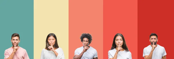 Collage Aus Verschiedenen Ethnien Junge Menschen Über Bunte Streifen Isolierten — Stockfoto