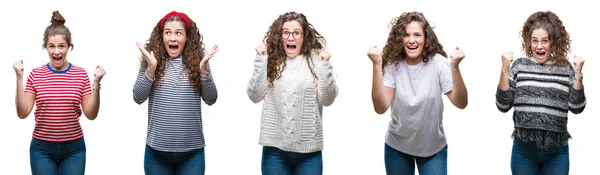 Collage Van Jonge Brunette Krullend Haar Meisje Geïsoleerde Achtergrond Vieren — Stockfoto