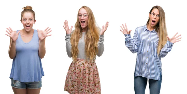 Collage Van Groep Blonde Vrouwen Geïsoleerde Achtergrond Vieren Gek Verbaasd — Stockfoto