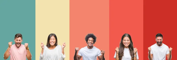 拼贴不同的种族青年人在五颜六色的条纹隔绝的背景兴奋为成功与胳膊举了庆祝胜利微笑 优胜者概念 — 图库照片