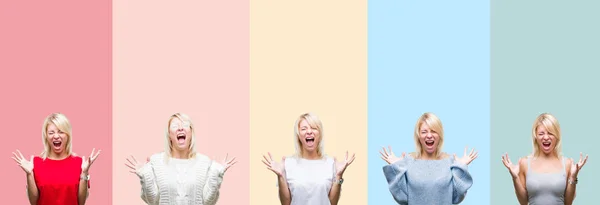 Collage Von Schönen Blonden Frau Über Bunten Streifen Isolierten Hintergrund — Stockfoto