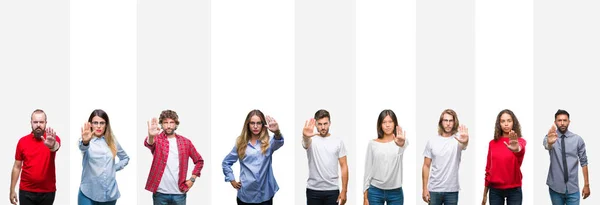 Collage Diferentes Etnias Jóvenes Sobre Rayas Blancas Fondo Aislado Haciendo — Foto de Stock