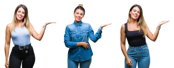 Collage Van Jonge Mooie Vrouw Geïsoleerde Achtergrond Lacht Vrolijk Presenteren — Stockfoto