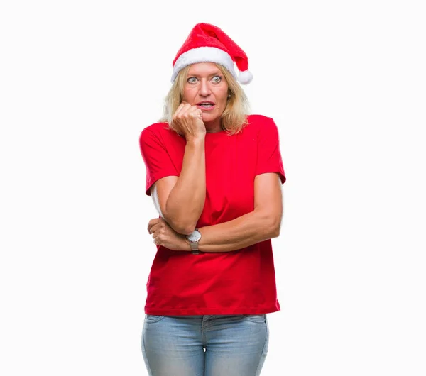 Middelbare Leeftijd Blonde Vrouw Met Kerst Hoed Geïsoleerde Achtergrond Zoek — Stockfoto