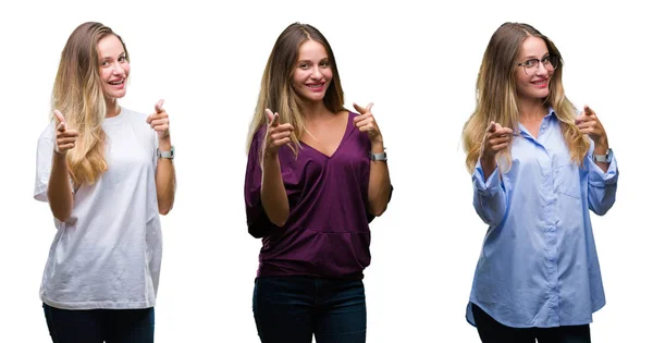 Colagem Jovem Bela Mulher Loira Sobre Fundo Isolado Apontando Dedos — Fotografia de Stock