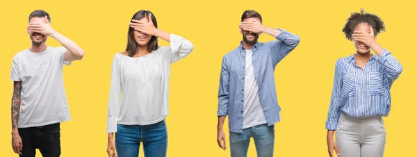 Collage Van Groep Mensen Vrouwen Mannen Kleurrijke Gele Geïsoleerde Achtergrond — Stockfoto