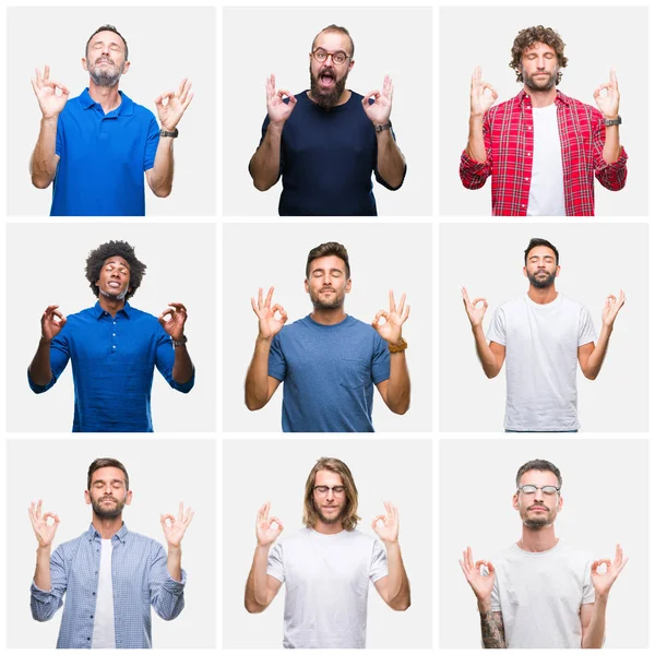 指で瞑想ジェスチャーを行う分離背景リラックス白と目を浮かべて以上の男性のグループのコラージュが閉じられます ヨガの概念 — ストック写真