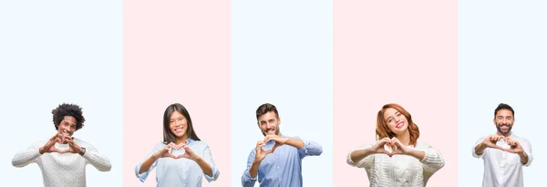 Colagem Grupo Jovens Sobre Fundo Isolado Colorido Sorrindo Amor Mostrando — Fotografia de Stock