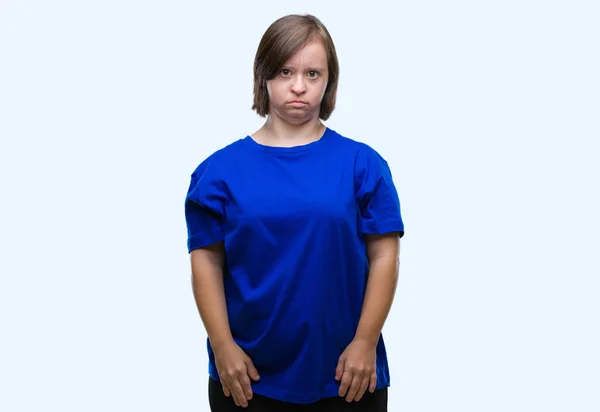 Young Adult Woman Syndrome Isolated Background Serious Expression Face Simple — Stock Photo, Image