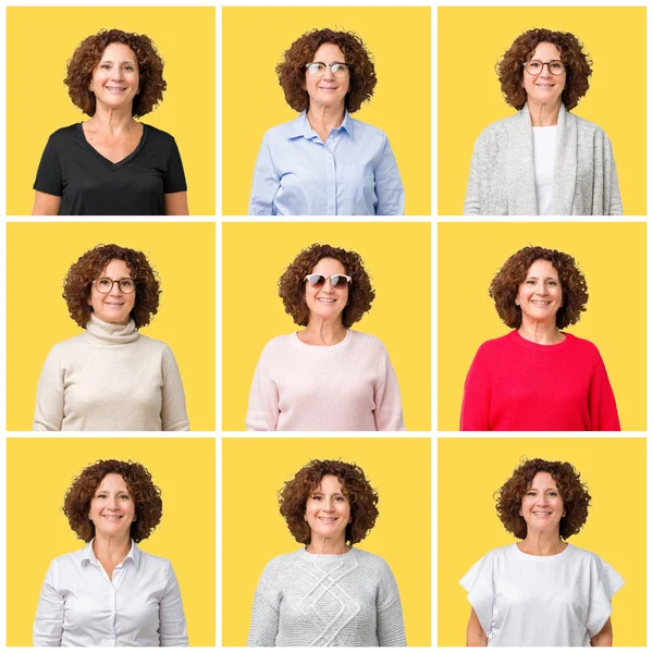 Collage Middle Age Senior Woman Yellow Isolated Background Happy Cool — Stock Photo, Image