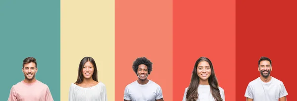 Collage Diferentes Etnias Jóvenes Sobre Rayas Coloridas Fondo Aislado Con —  Fotos de Stock