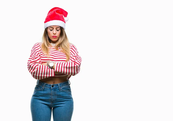 Joven Hermosa Mujer Con Sombrero Navidad Sobre Fondo Aislado Escéptico —  Fotos de Stock