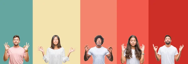Collage Different Ethnics Young People Colorful Stripes Isolated Background Relax — Stock Photo, Image