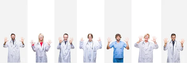 Collage Professional Doctors Stripes Isolated Background Showing Pointing Fingers Number — Stock Photo, Image