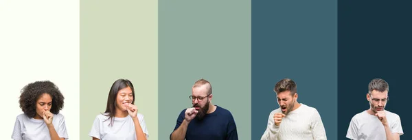 Collage Van Groep Jongeren Kleurrijke Geïsoleerde Achtergrond Gevoel Onwel Hoesten — Stockfoto