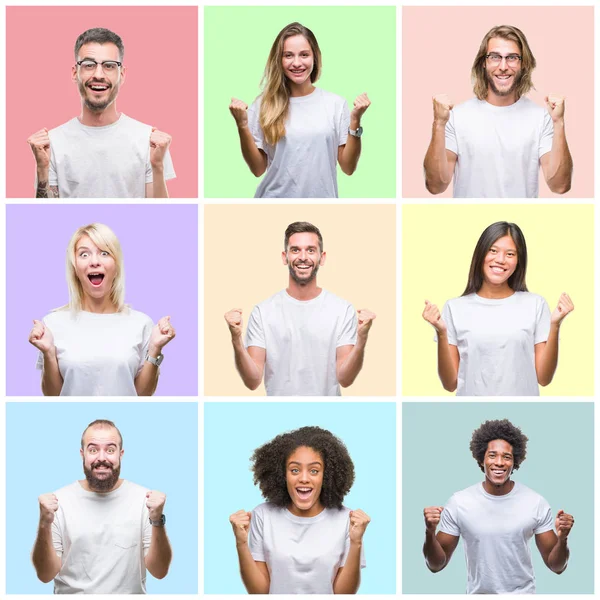 Collage Persone Gruppo Donne Uomini Sfondo Colorato Isolato Che Celebrano — Foto Stock