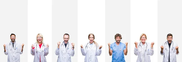 Collage Van Professionele Artsen Strepen Geïsoleerde Achtergrond Vieren Verrast Verbaasd — Stockfoto