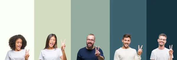 Collage Grupp Ungdomar Över Färgglada Isolerade Bakgrund Leende Med Glada — Stockfoto