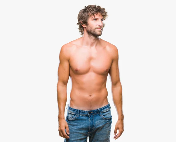 Mężczyzna Przystojny Model Hiszpanin Sexy Półnagi Białym Tle Patrząc Strony — Zdjęcie stockowe