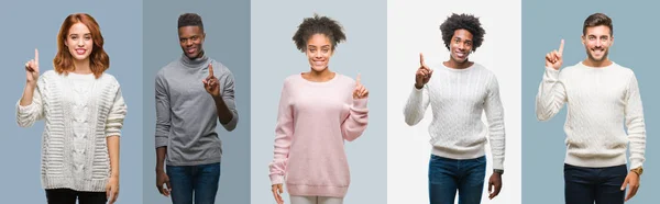 Collage Group African American Hispanic People Wearing Winter Sweater Vintage — Stock Photo, Image