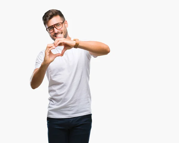 Joven Hombre Guapo Con Gafas Sobre Fondo Aislado Sonriendo Amor —  Fotos de Stock