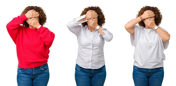 Collage Mujer Mayor Mediana Edad Sobre Fondo Blanco Aislado Cubriendo — Foto de Stock