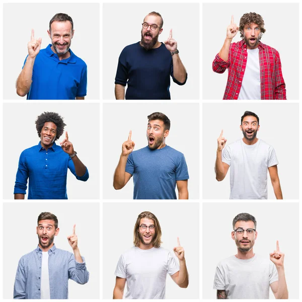 Collage Van Groep Mannen Witte Geïsoleerde Achtergrond Vinger Omhoog Met — Stockfoto