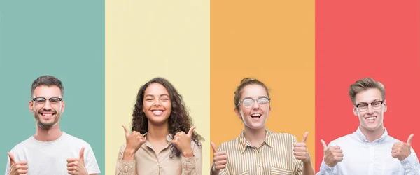 Collage Einer Gruppe Von Menschen Isoliert Über Bunten Hintergrund Erfolgszeichen — Stockfoto