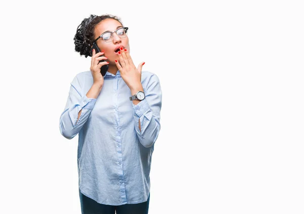 Jovem Trançado Cabelo Afro Americano Menina Negócios Mostrando Chamando Usando — Fotografia de Stock