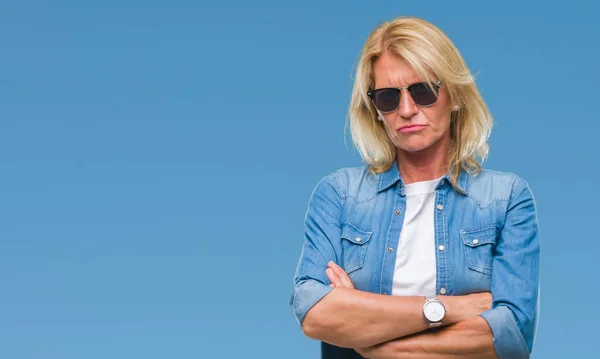 Middle Age Blonde Woman Wearing Sunglasses Isolated Background Skeptic Nervous — Stock Photo, Image