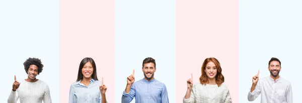 Collage Van Groep Jongeren Kleurrijke Geïsoleerde Achtergrond Tonen Omhoog Met — Stockfoto